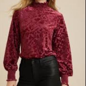Whimsy Goth Merlot Red Burnout Velvet Mock Neck Top Long Poet Sleeves Witchy XL